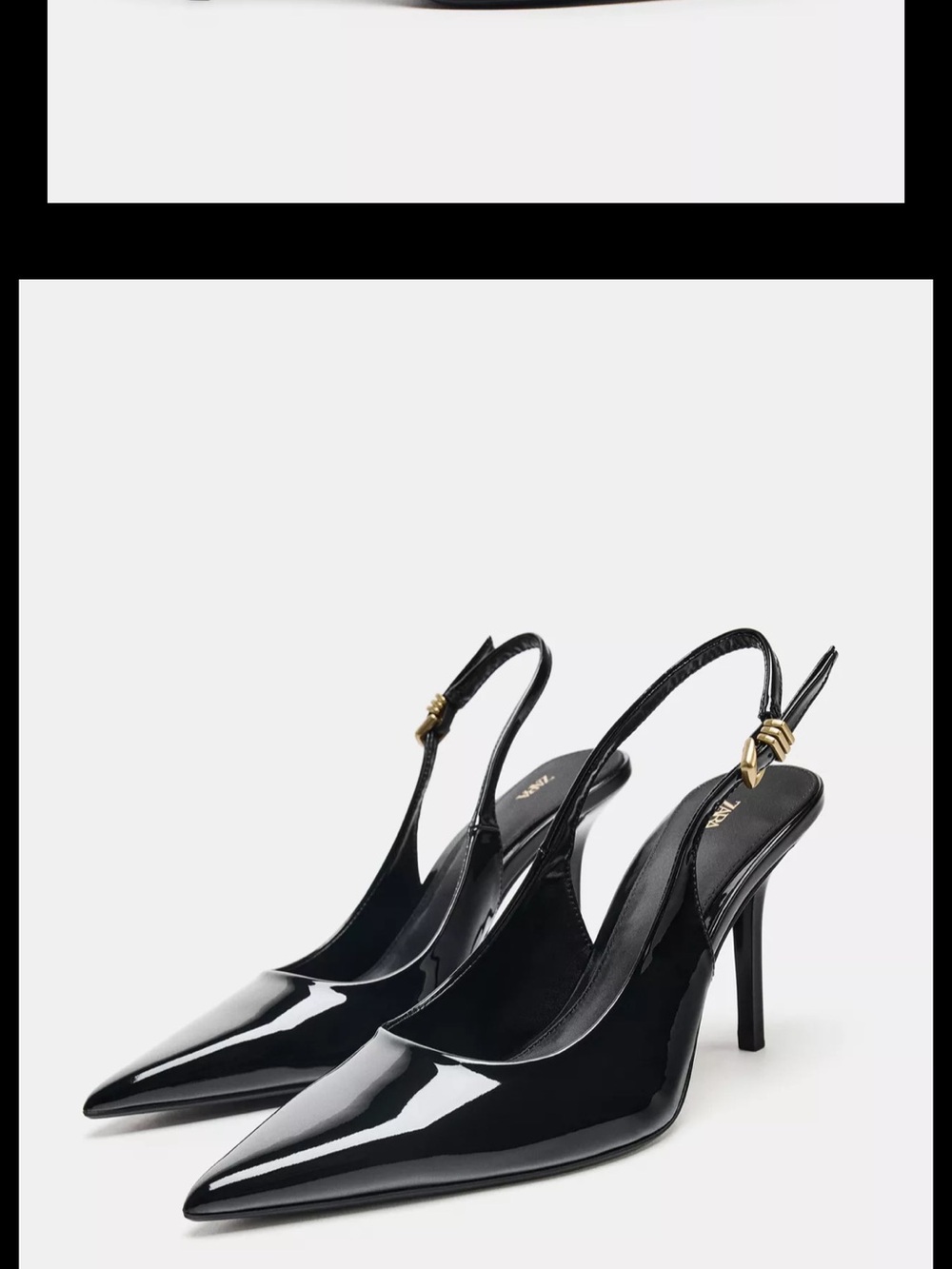 Zara Black Patent Pointed-Toe Slingback Heels with Gold Accent